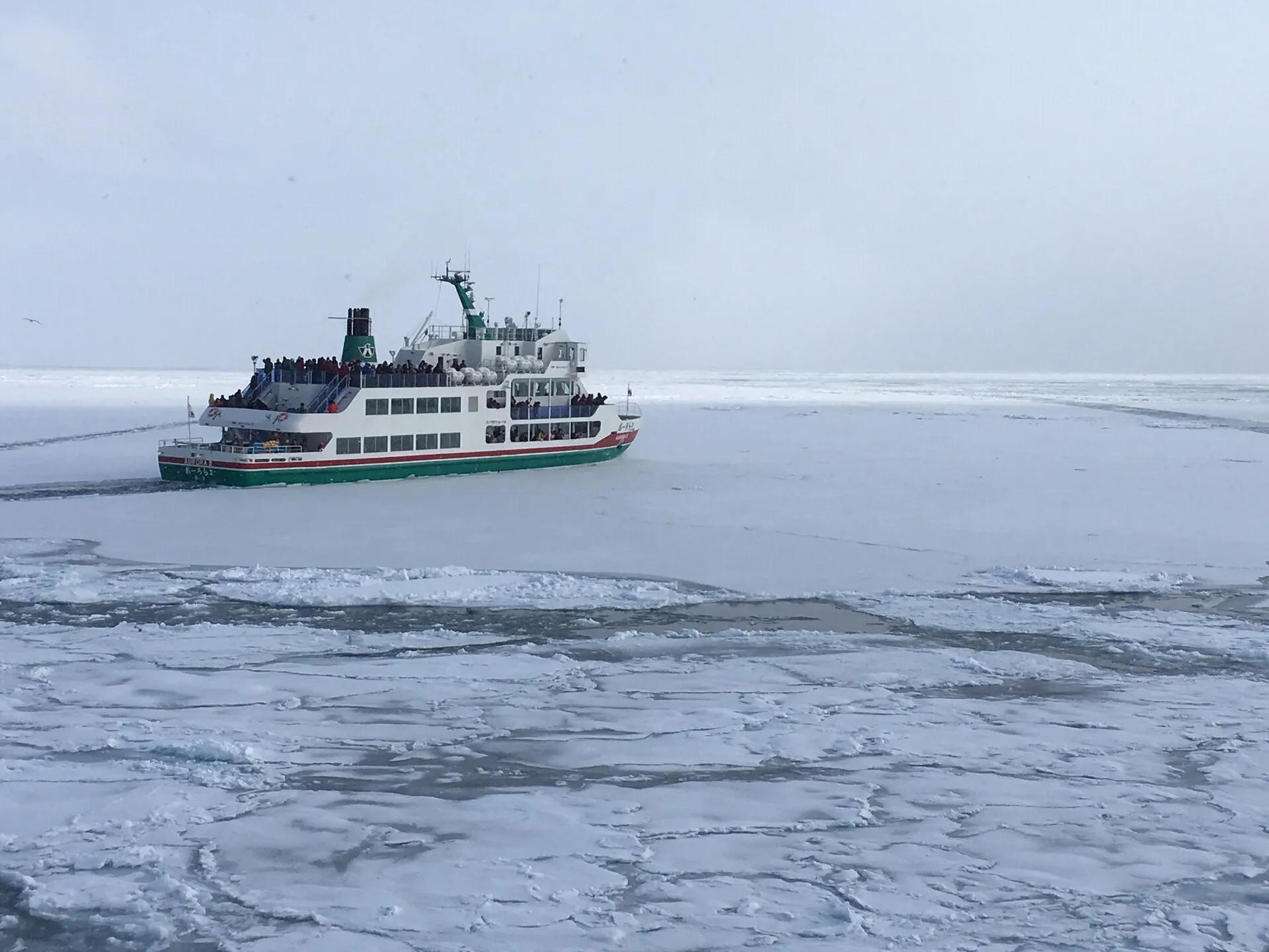 The Aurora icebreaker pushing through drift ice off Abashiri.