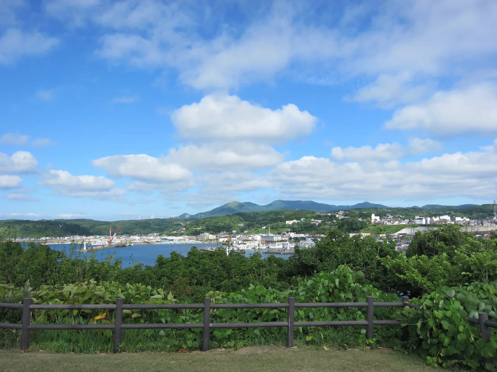 Esashi town and harbour viewed from Kamome Island, photographed in August 2013.