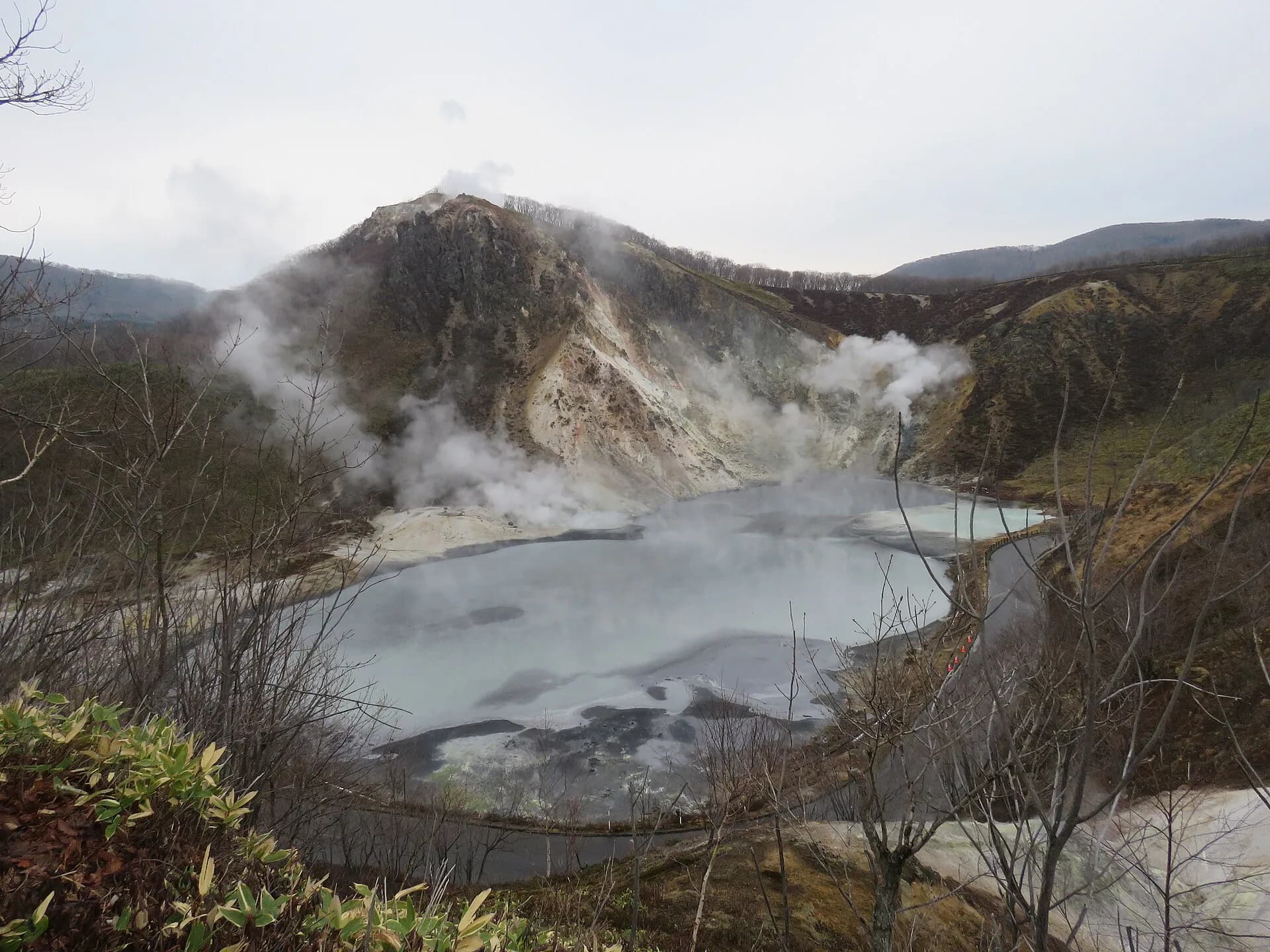 Oyunuma Pond above Noboribetsu Onsen, seen steaming from the walking trail.