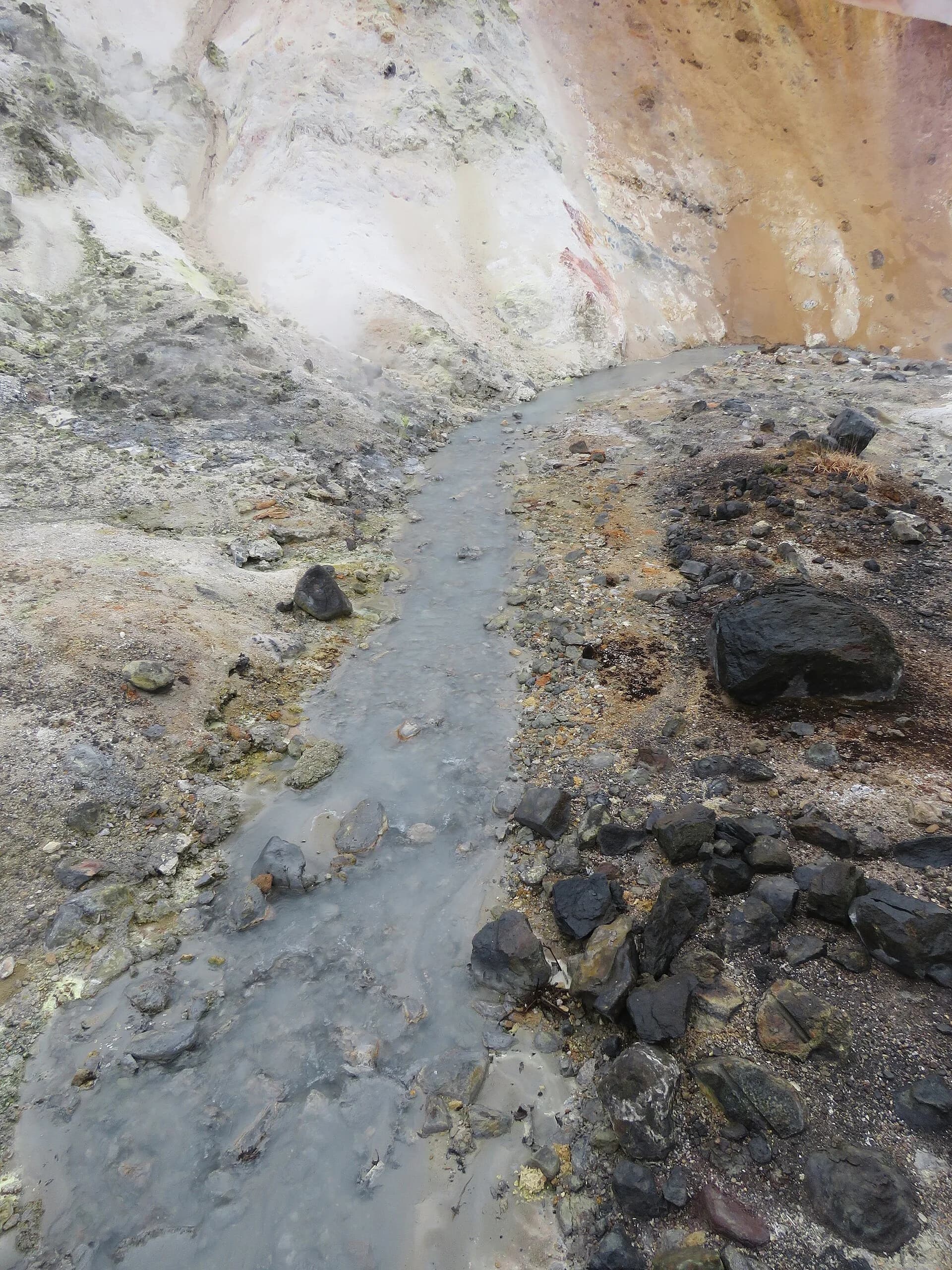 Mineral-stained ground and steaming water at Noboribetsu’s Jigokudani.